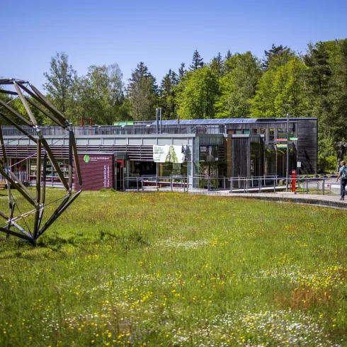Haus der Nachhaltigkeit im Pfälzerwald im Sommer mit Wanderer