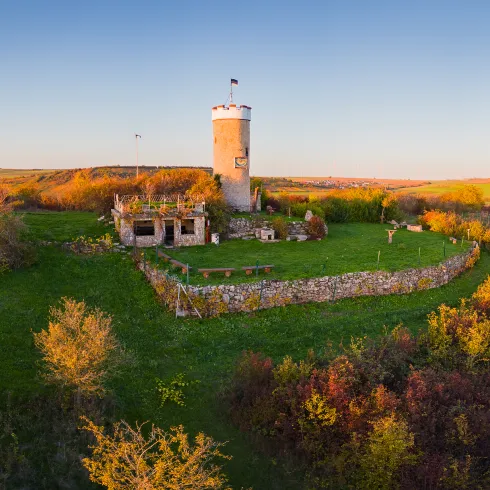 Der Wartturm in Albisheim in farbenfroher Herbstlandschaft.
