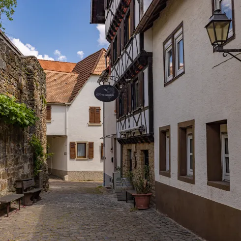 Fachwerkhäuser neben der Stadtmauer von Freinsheim gelegen.