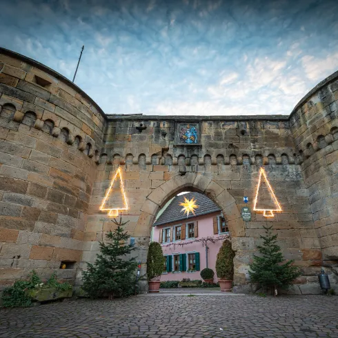 Die Stadtmauer von Freinsheim zur Weihnachtszeit. An der Mauer hängen Weihnachtslichter und davor stehen Tannenbäume.