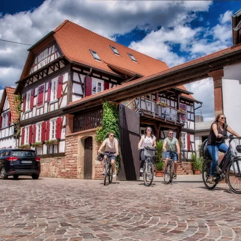 Radfahrer radeln an einer Straße aus Steinpflaster entlang Fachwerkhäusern.