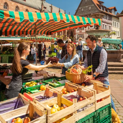 Zwei Personen kaufen Obst und Gemüse an einem Marktstand in Neustadt an der Weinstraße ein.