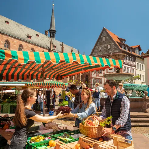 Zwei Personen kaufen Obst und Gemüse an einem Marktstand in Neustadt an der Weinstraße ein.