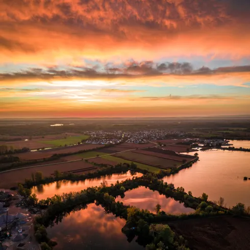 Der vom Sonnenaufgang rot leuchtende Himmel spiegelt sich im Wasser der Baggerseen bei Neupotz.