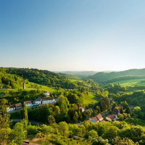 Aufnahme vom Pfälzer Bergland von der Burgruine Falkenstein aus.