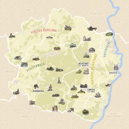 Illustrierte Karte der Pfalz und seiner Urlaubsregionen