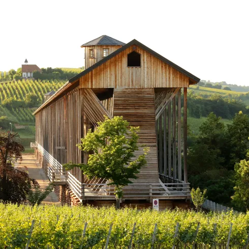 Gradierwerk in Bad Dürkheim vor den Weinbergen Bad Dürkheims.