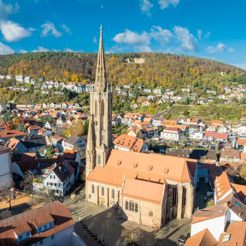 Luftaufnahme der Schlosskirche und eines Teils der Innenstadt Bad Dürkheims.