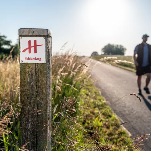Eine Wegemarkierung auf der Holzlandweg steht und ein Wanderer der daran vorbei spaziert.