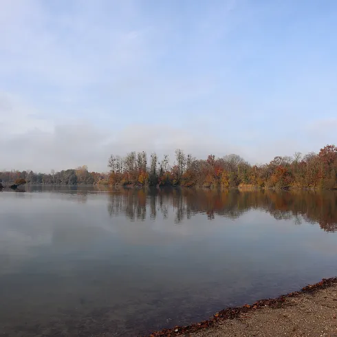 Ein See, in dem sich an einem Herbsttag die Bäume am Ufer spiegeln.
