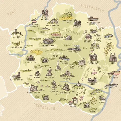 Illustrierte Karte der Pfalz und seiner Urlaubsregionen