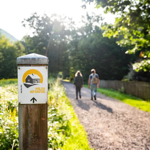 Zwei Personen spazieren an einem Sommer entlang eines Waldpfades, vorbei an einer Wegemarkierung des Pfälzer Hüttensteigs beim Helmbachweiher.