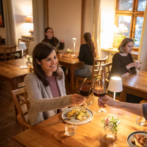 Personen sitzen in einem Restaurant und genießen die Pfälzer Küche.