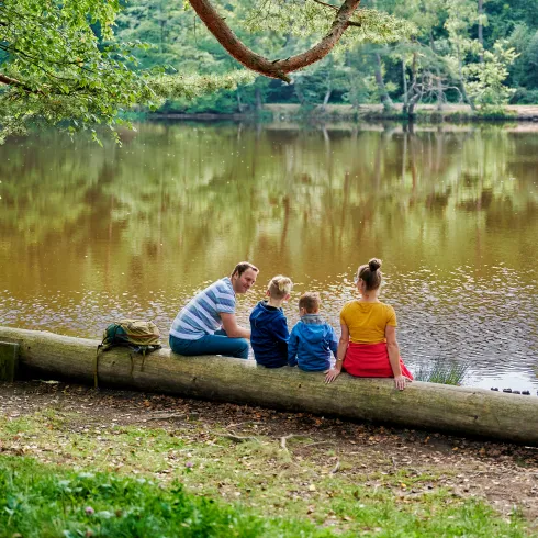 Familie sitzt am Weier