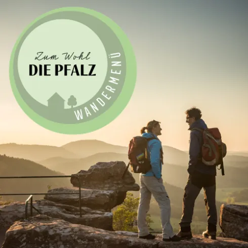 Zwei Personen stehen auf einer Burgruine 