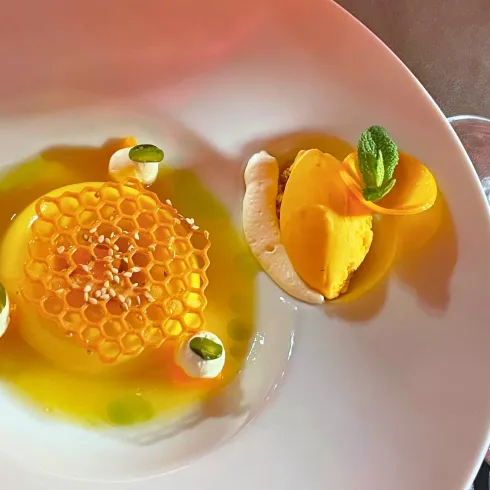 Ein schön arrangiertes Dessert im Restaurant „Schwarzer Hahn”. 