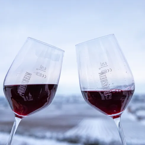 Zwei Rotwein Gläser vor einer verschneiten Landschaft.