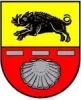 Das Wappen des Ortes Teschenmoschel zeigt oben ein Wildschwein auf gelbem Grund und unten eine Jakobsmuschel auf rotem Grund